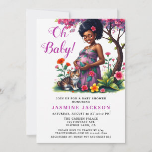 Pregnant Mom Cat Floral Purple Baby Shower Invitation