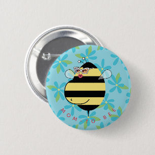 Pregnant Mom-to-Bee with Glasses Teal Blue Floral  6 Cm Round Badge