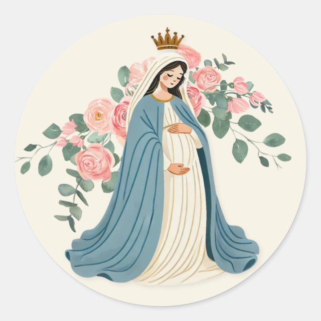 Pregnant Mother Mary Floral Religious Classic Round Sticker (Front)
