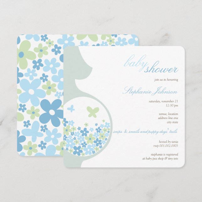 Pregnant Mum And Blue Daisies Chic Boy Baby Shower Invitation (Front/Back)