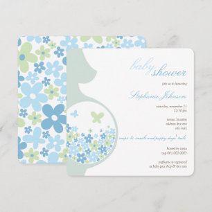 Pregnant Mum And Blue Daisies Chic Boy Baby Shower Invitation