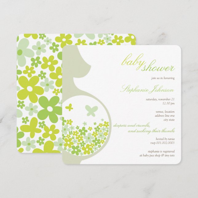 Pregnant Mum And Green Daisies Neutral Baby Shower Invitation (Front/Back)