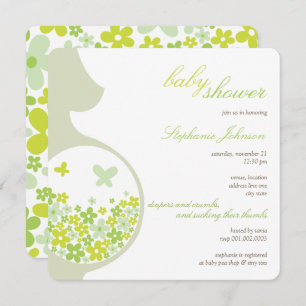 Pregnant Mum And Green Daisies Neutral Baby Shower Invitation
