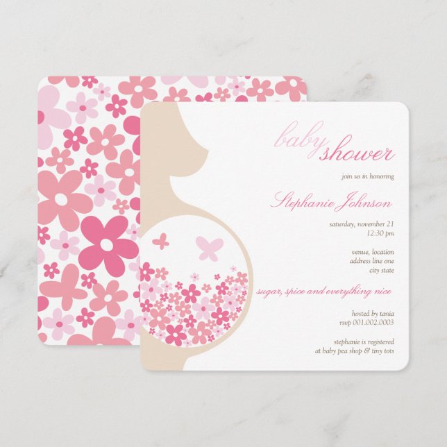 Pregnant Mum And Pink Daisies Girl Baby Shower Invitation (Front/Back)