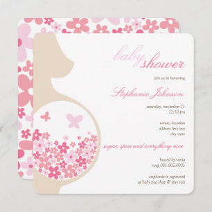 Pregnant Mum And Pink Daisies Girl Baby Shower Invitation