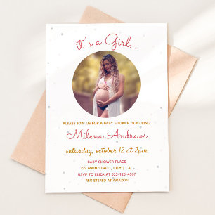 Pregnant Mum Photo Round Frame Baby Girl Shower Invitation
