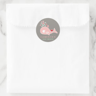 Pregnant Pink Mummy Whale & Twin Girls Baby Shower Classic Round Sticker