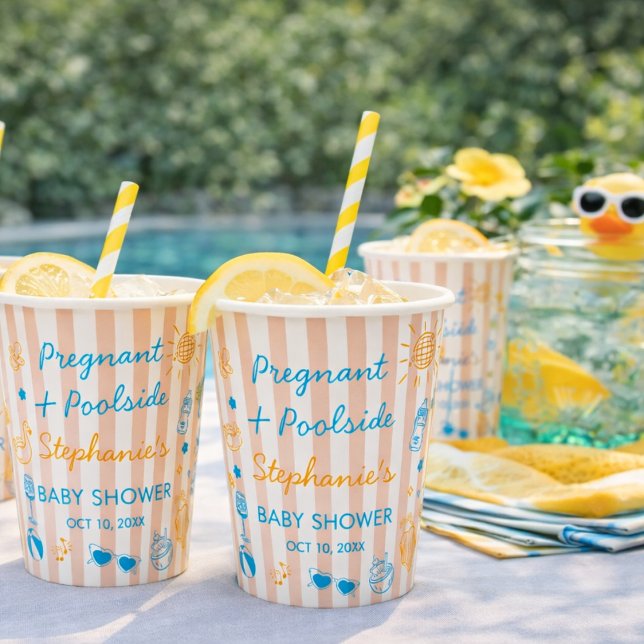 Pregnant & Poolside Summer Pool Party Baby Shower Paper Cups (Creator Uploaded)