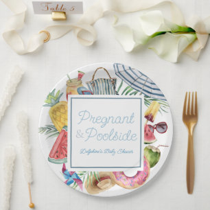 Pregnant & Poolside Tropical Boy Baby Shower Paper Plate