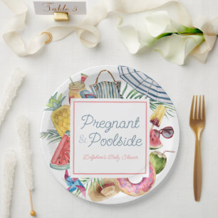 Pregnant & Poolside Tropical Girl Baby Shower Paper Plate