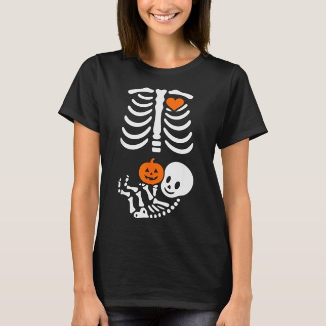 Pregnant Skeleton Baby Bump Funny Halloween Tee  (Front)