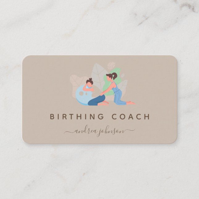 Pregnant Woman Birthing Coach Illustration Earthy Business Card (Front)