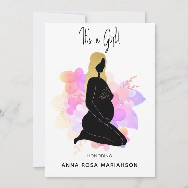*~*  Pregnant Woman Black Gold Baby GIRL Shower Invitation (Front)