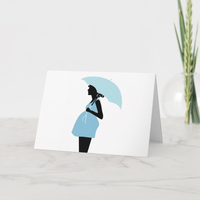 Pregnant Woman with Polka Dot Umbrella Baby Blue Announcement (Front)