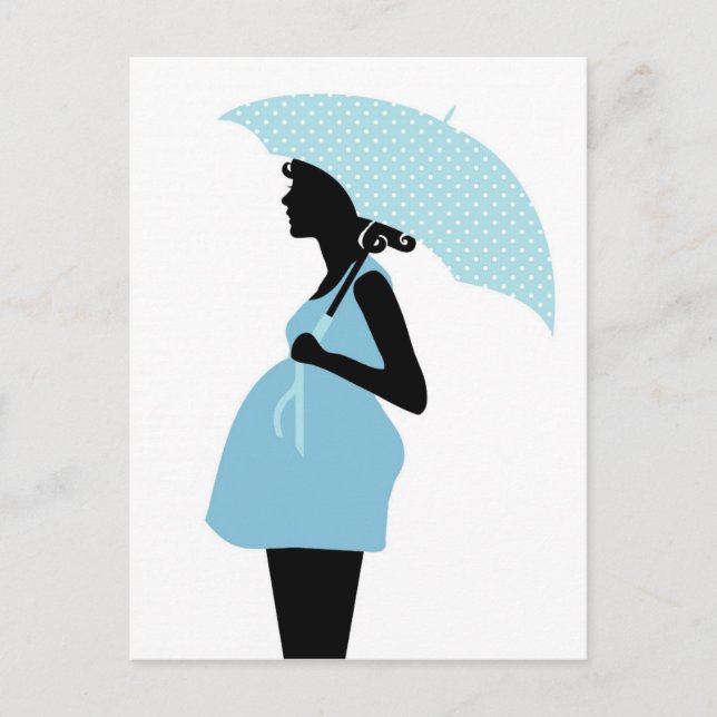 Pregnant Woman with Polka Dot Umbrella Baby Blue Announcement Postcard (Front)