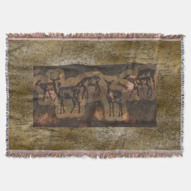 Prehistoric Cave Paintings of Deer Herd Wildlife Throw Blanket (Front)