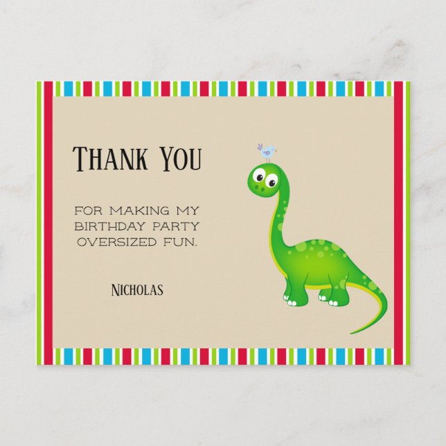 Prehistoric Dinosaur Birthday Party Thank You Postcard (Front)