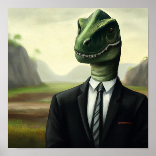 Prehistoric Dinosaur Businessman, Fun AI Generated Poster (Front)