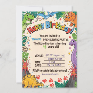 Prehistoric Dinosaur Kids Happy Birthday Party Invitation