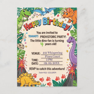 Prehistoric Dinosaur Kids Happy Birthday Party Invitation Postcard