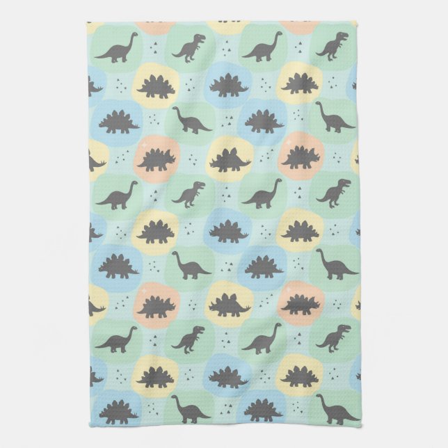 Prehistoric Dinosaur Silhouette Seamless Pattern Tea Towel (Vertical)