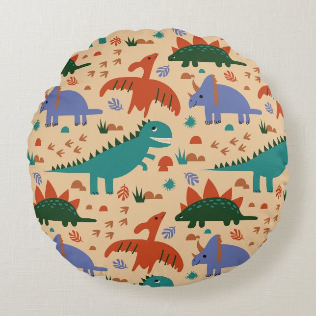 Prehistoric Dinosaurs & Fossil Prints Pattern Round Cushion (Front)