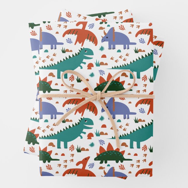 Prehistoric Dinosaurs & Fossil Prints Pattern Wrapping Paper Sheet (In situ)