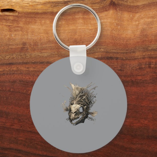 Prehistoric Fish Skull Grunge Dark Art Key Ring (Front)