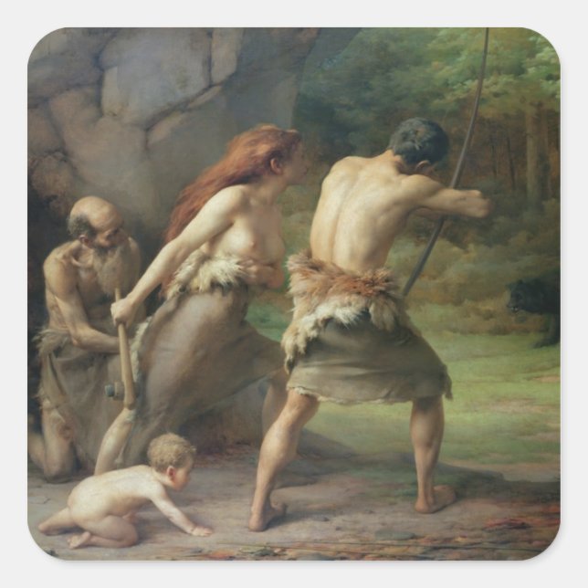 Prehistoric Man Hunting Bears, 1832 Square Sticker (Front)