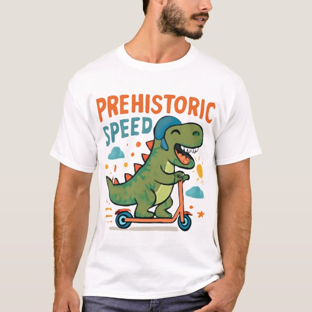 Prehistoric Speed Dinosaur Scooter Art T-Shirt (Front)