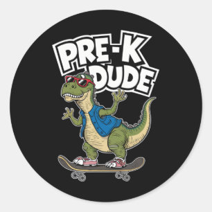 Prek Dude Dinosaur Skateboarding Kids Kindergarten Classic Round Sticker