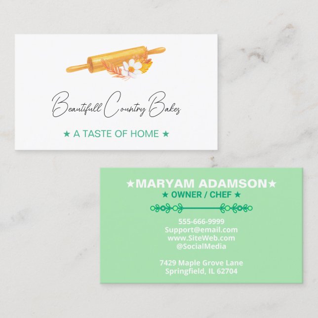 Premade Rolling Pin Logo | White Mint Green Bakery Business Card (Front/Back)