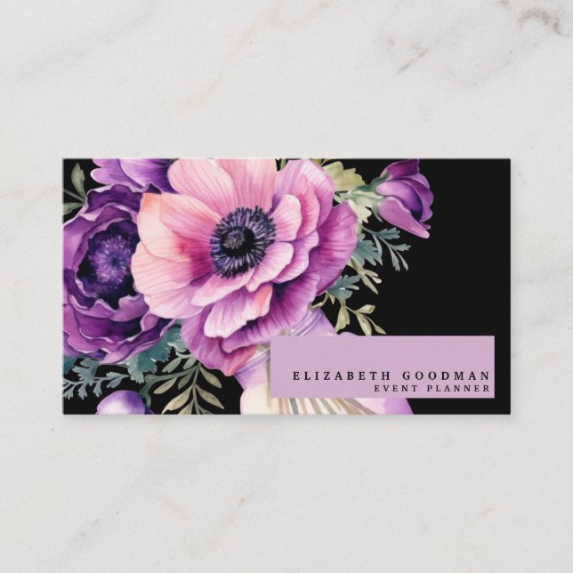 Premier Pink Purple Floral Black Business Cards (Front)