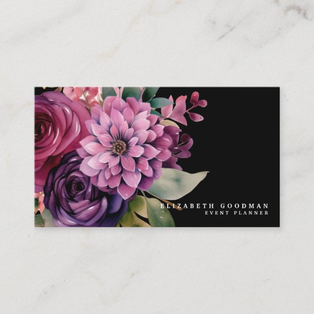 Premier Pink Purple Floral Black Business Cards (Front)
