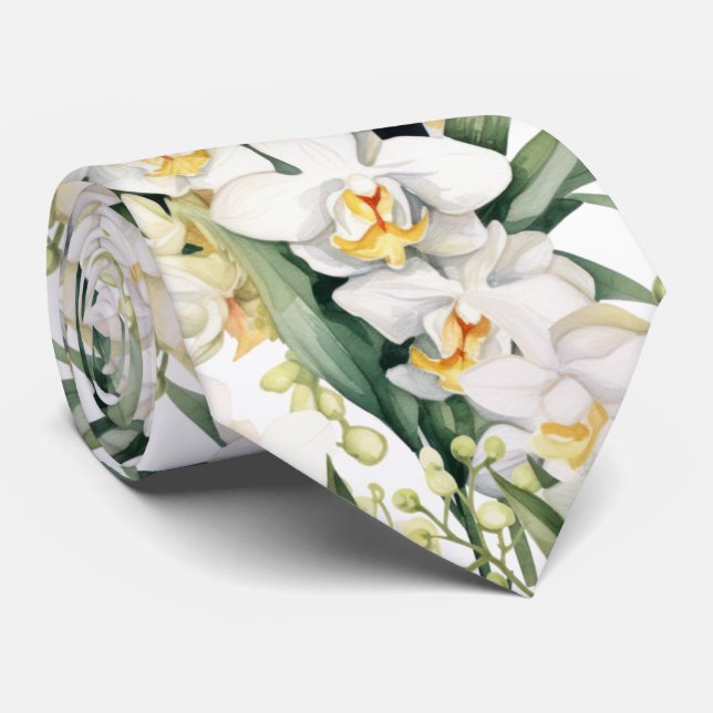 Premier White Orchids Formal Sharp Neck Tie (Rolled)
