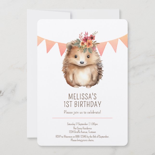 Premium any age, Floral Hedgehog Birthday for kids Invitation (Front)