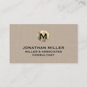 Premium Beige Linen Gold Monogram  Business Card