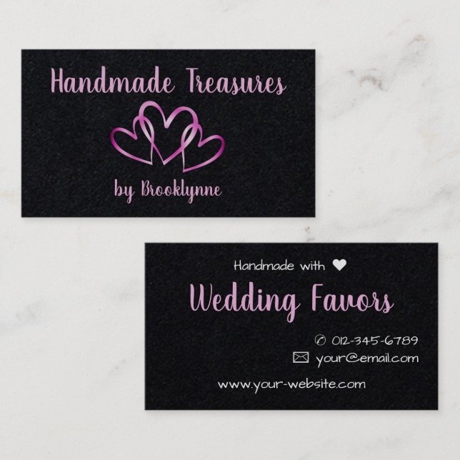 Premium Black 3 Pink Hearts Handmade with Love Business Card (Front/Back)