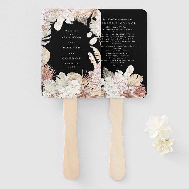 Premium Black Elegant Pampas Grass Tropical Jungle Hand Fan (Front and Back)