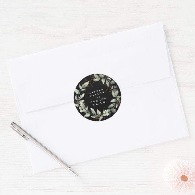 Premium Black Gold Botanical Eucalyptus Greenery Classic Round Sticker (Envelope)