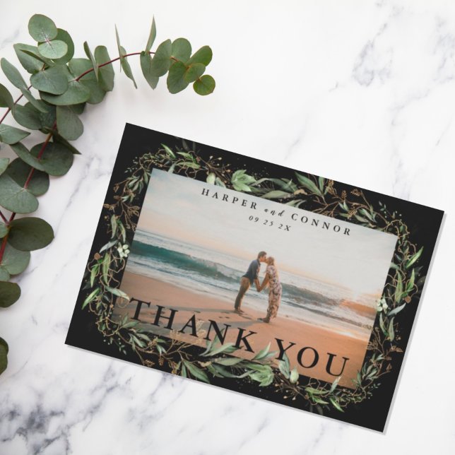 Premium Black Gold Botanical Eucalyptus Photo Thank You Card (Creator Uploaded)
