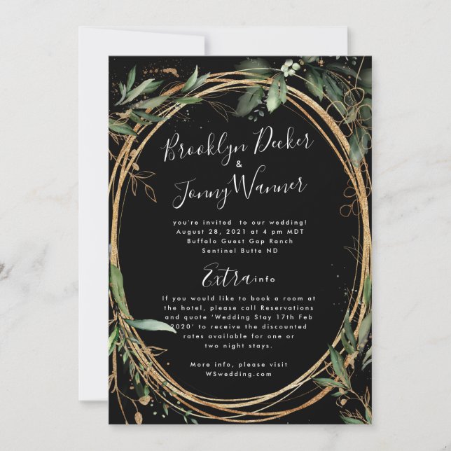 Premium Black Gold Eucalyptus Details Back Wedding Invitation (Front)