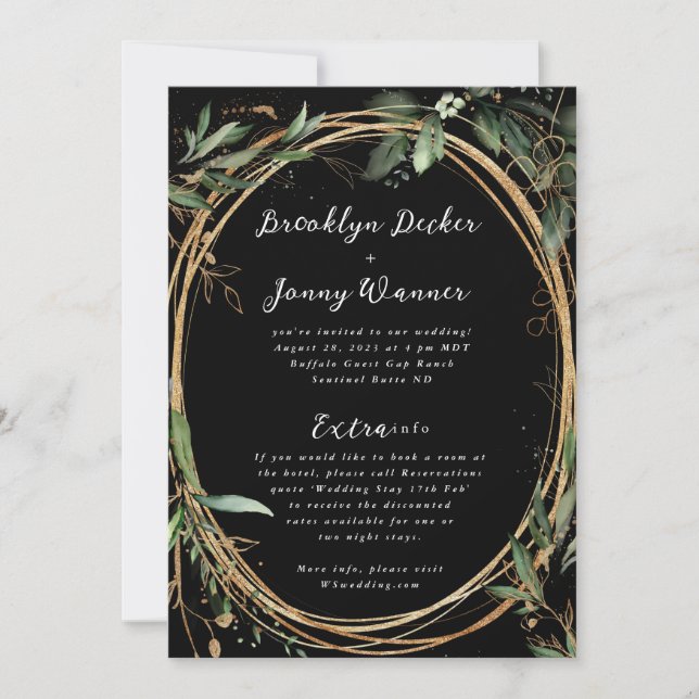 Premium Black Gold Eucalyptus Details Back Wedding Invitation (Front)