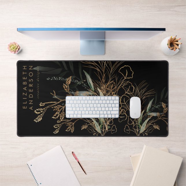 Premium Black Gold Eucalyptus Elegant Large Mouse Desk Mat (Office 1)