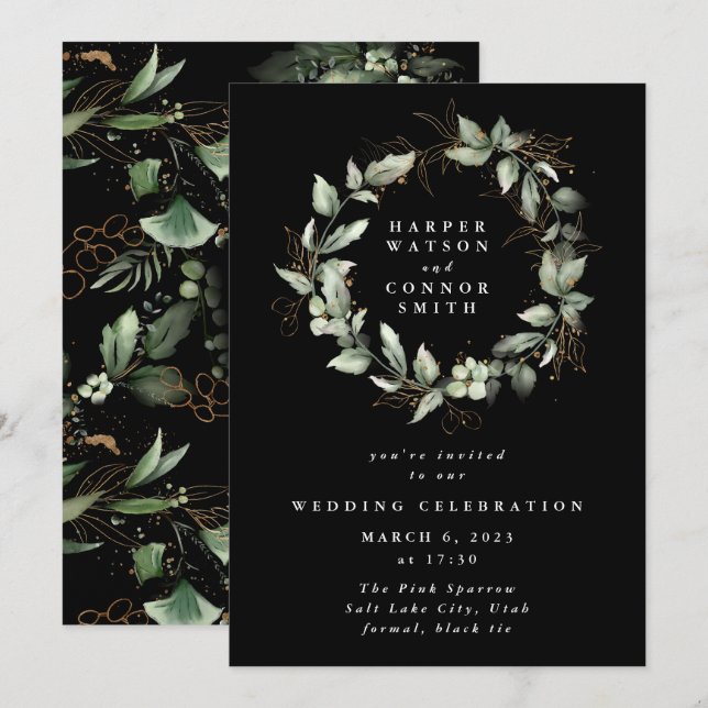 Premium Black Gold Eucalyptus Wreath Greenery Moss Invitation (Front/Back)