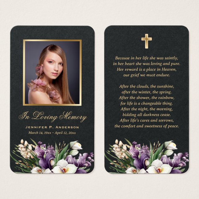 Premium Black Gold Floral Memorial Prayer Cards (Front & Back)