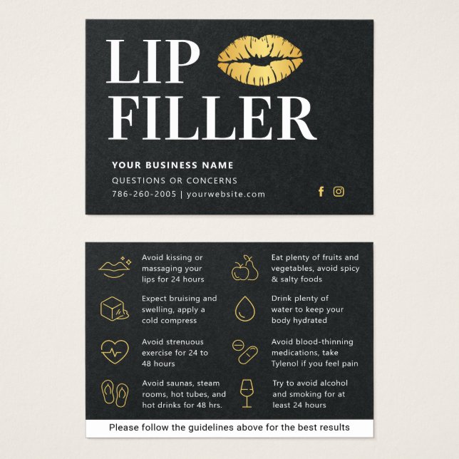 Premium Black & Gold Lip Filler Aftercare Card (Front & Back)