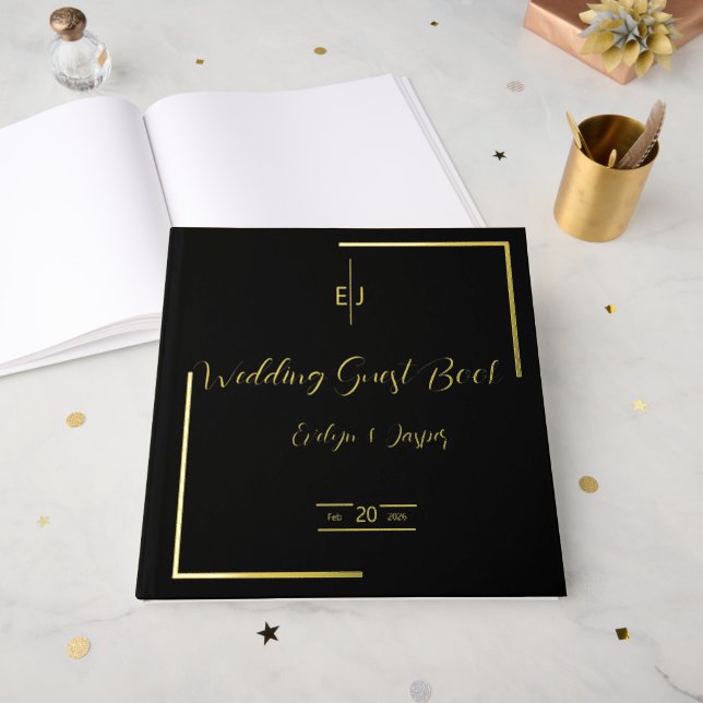 Premium Black Gold Modern Typography  Guest Book (Front Open)