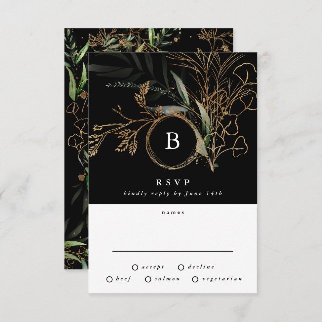 Premium Black Gold Monogram Eucalyptus Wedding RSVP Card (Front/Back)
