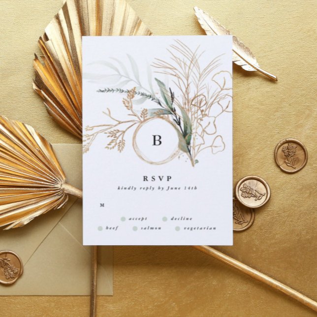 Premium Black Gold Monogram Eucalyptus Wedding RSVP Card (Creator Uploaded)
